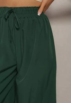 Ciemnozielone Spodnie High Waist z Szerokimi Nogawkami z Wiskozą Wykończone Gumką w Talii Crisantas