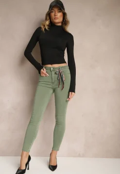 Ciemnozielone Spodnie Skinny z Wysokim Stanem i Ozdobną Chustką Hyadia