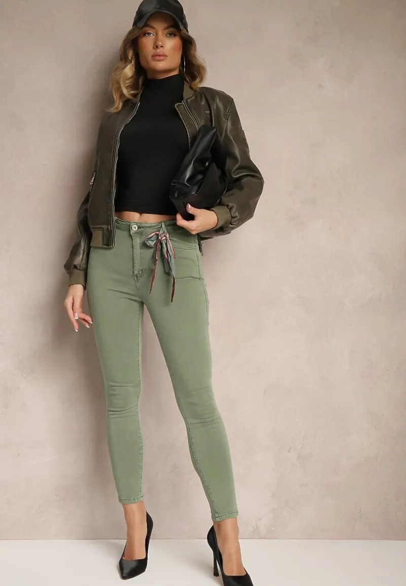 Ciemnozielone Spodnie Skinny z Wysokim Stanem i Ozdobną Chustką Hyadia