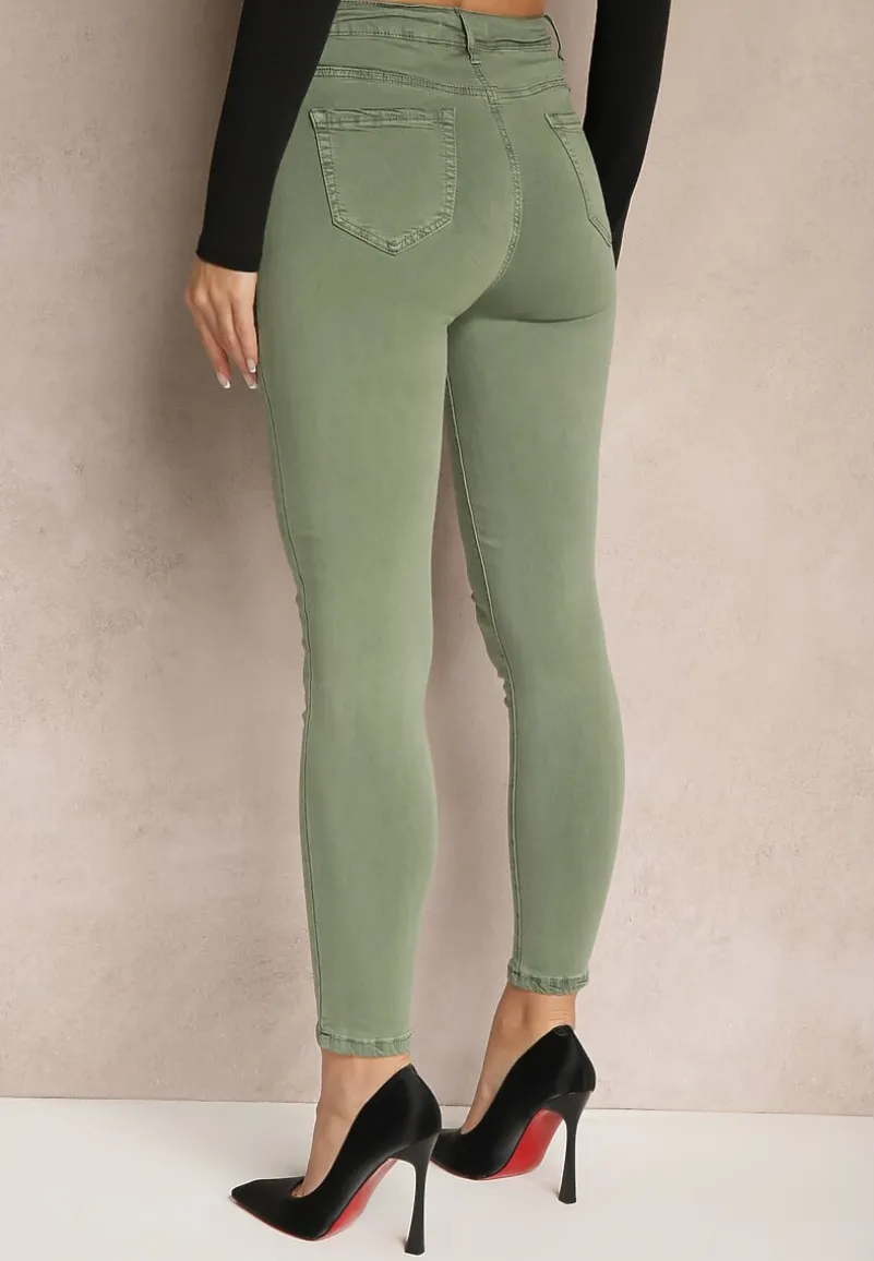Ciemnozielone Spodnie Skinny z Wysokim Stanem i Ozdobną Chustką Hyadia