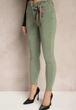 Ciemnozielone Spodnie Skinny z Wysokim Stanem i Ozdobną Chustką Hyadia