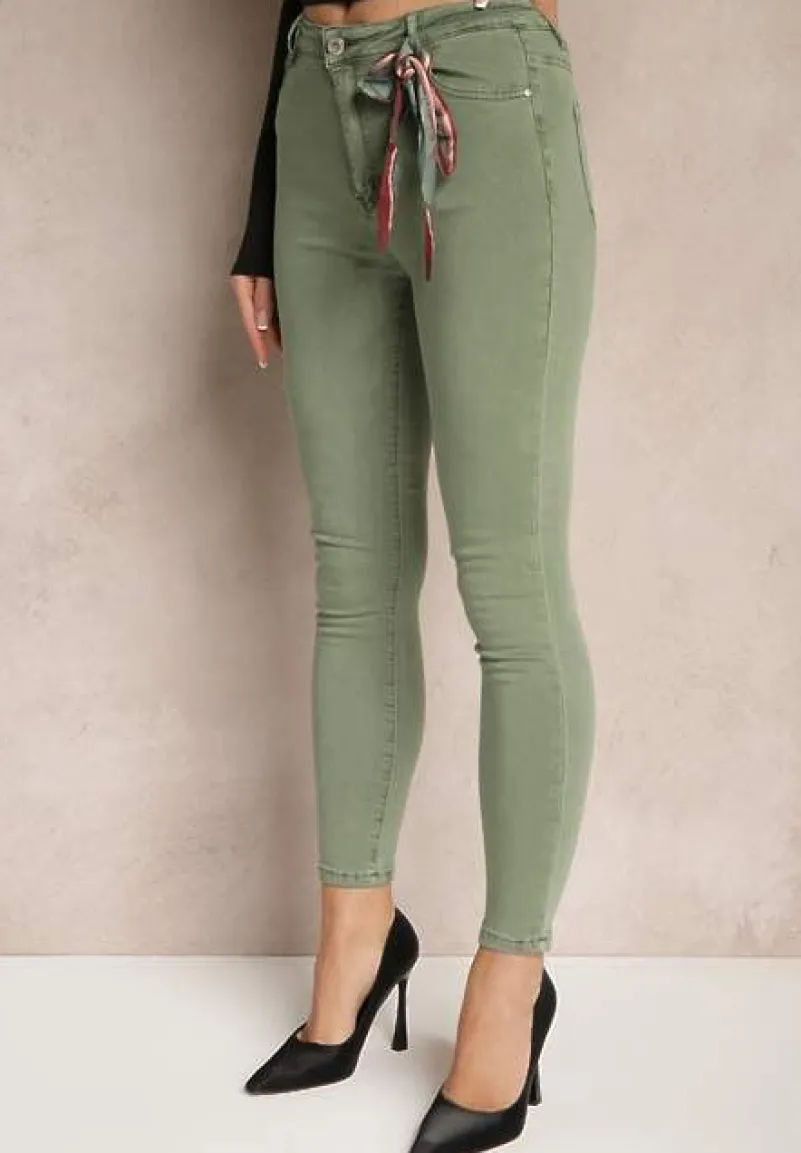 Ciemnozielone Spodnie Skinny z Wysokim Stanem i Ozdobną Chustką Hyadia