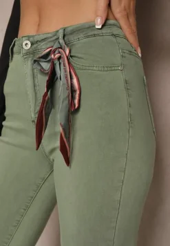 Ciemnozielone Spodnie Skinny z Wysokim Stanem i Ozdobną Chustką Hyadia