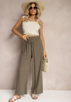 Ciemnozielone Spodnie z Bawełny High Waist z Szerokimi Nogawkami i Gumką w Pasie Clisea