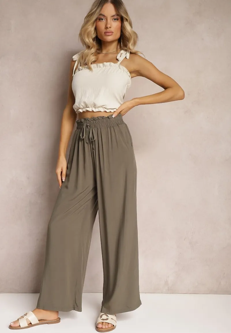 Ciemnozielone Spodnie z Bawełny High Waist z Szerokimi Nogawkami i Gumką w Pasie Clisea