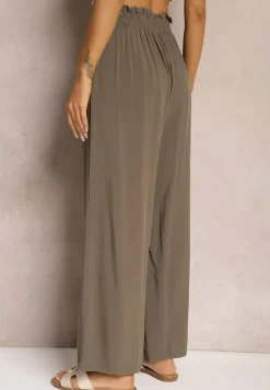 Ciemnozielone Spodnie z Bawełny High Waist z Szerokimi Nogawkami i Gumką w Pasie Clisea