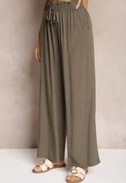 Ciemnozielone Spodnie z Bawełny High Waist z Szerokimi Nogawkami i Gumką w Pasie Clisea