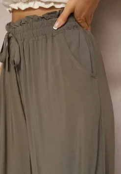 Ciemnozielone Spodnie z Bawełny High Waist z Szerokimi Nogawkami i Gumką w Pasie Clisea