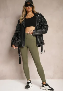 Ciemnozielone Sportowe Legginsy High Waist z Małym Ozdobnym Znaczkiem Lerilane