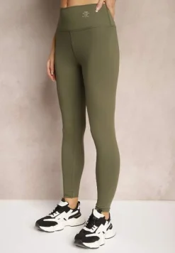 Ciemnozielone Sportowe Legginsy High Waist z Małym Ozdobnym Znaczkiem Lerilane