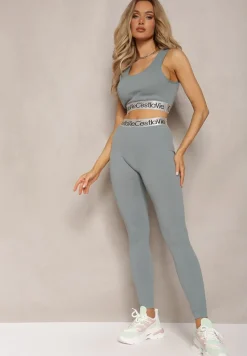 Ciemnozielone Sportowe Legginsy Elastyczne z Ozdobną Szeroką Gumą w Pasie Larnode