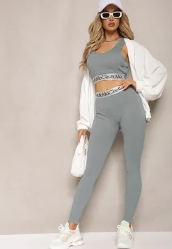 Ciemnozielone Sportowe Legginsy Elastyczne z Ozdobną Szeroką Gumą w Pasie Larnode