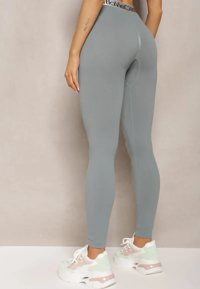 Ciemnozielone Sportowe Legginsy Elastyczne z Ozdobną Szeroką Gumą w Pasie Larnode