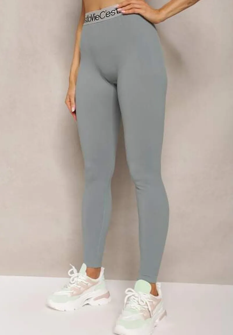 Ciemnozielone Sportowe Legginsy Elastyczne z Ozdobną Szeroką Gumą w Pasie Larnode