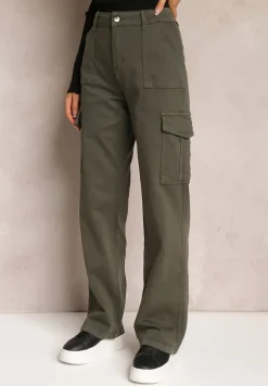 Ciemnozielone Szerokie Jeansy Cargo z Elastycznej Bawełny Ganiaba