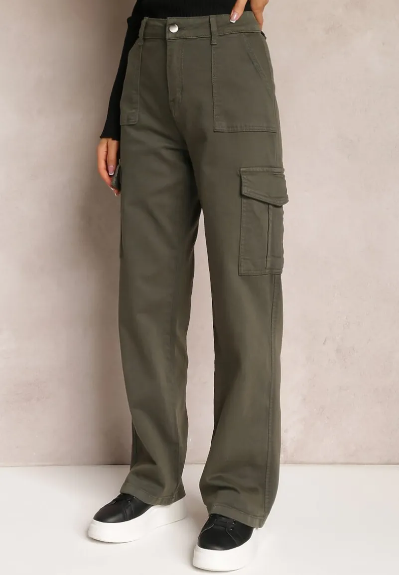 Ciemnozielone Szerokie Jeansy Cargo z Elastycznej Bawełny Ganiaba