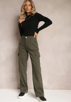 Ciemnozielone Szerokie Jeansy Cargo z Elastycznej Bawełny Ganiaba