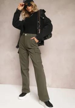 Ciemnozielone Szerokie Jeansy Cargo z Elastycznej Bawełny Ganiaba