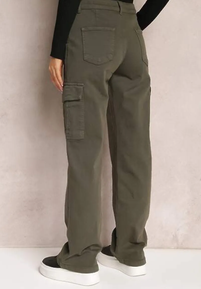 Ciemnozielone Szerokie Jeansy Cargo z Elastycznej Bawełny Ganiaba