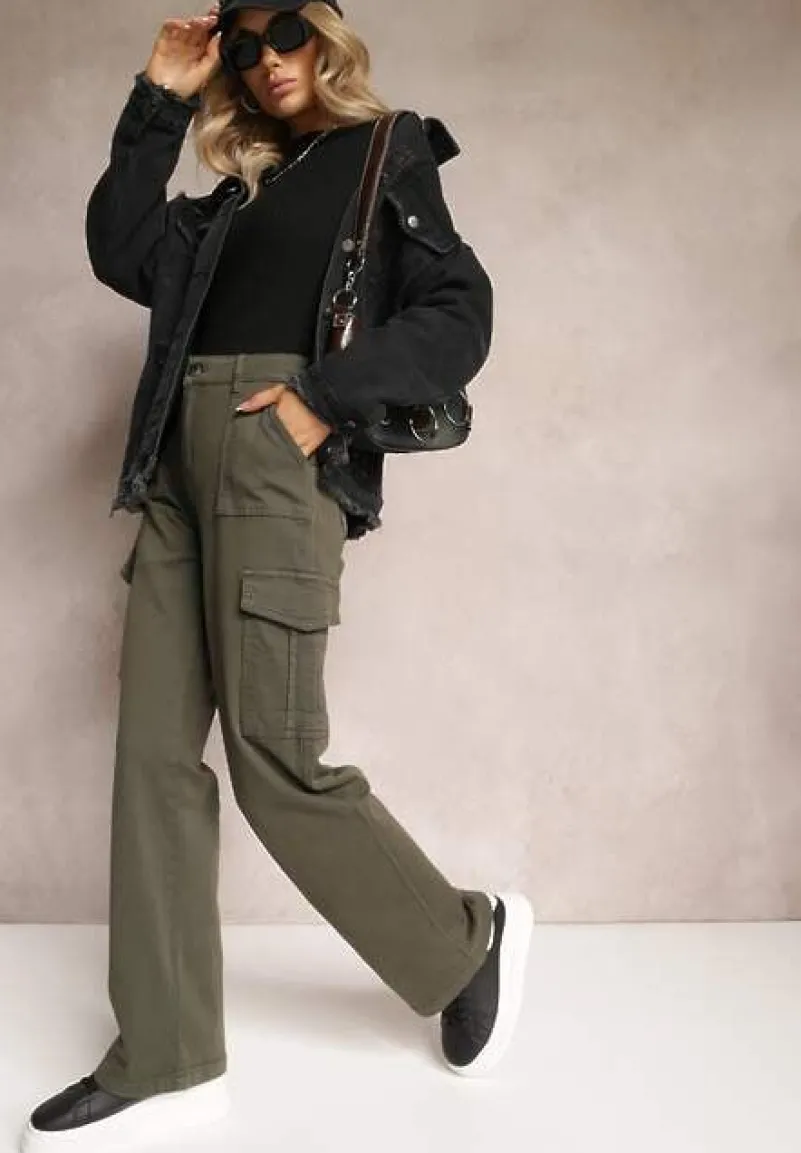 Ciemnozielone Szerokie Jeansy Cargo z Elastycznej Bawełny Ganiaba