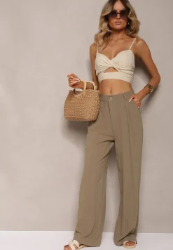 Ciemnozielone Szerokie Spodnie High Waist z Lnu i Wiskozy Apoises