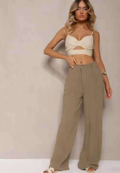 Ciemnozielone Szerokie Spodnie High Waist z Lnu i Wiskozy Apoises