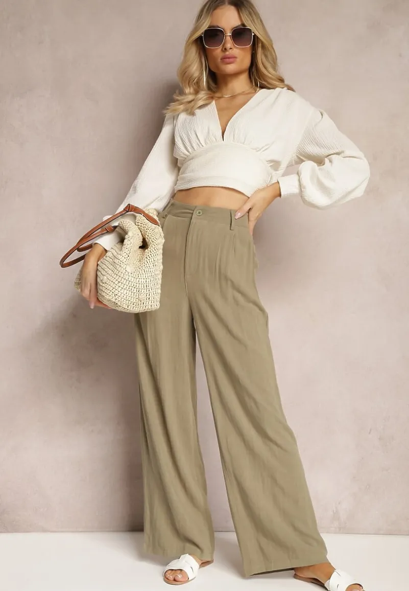 Ciemnozielone Szerokie Spodnie High Waist z Lnu i Wiskozy Apoises