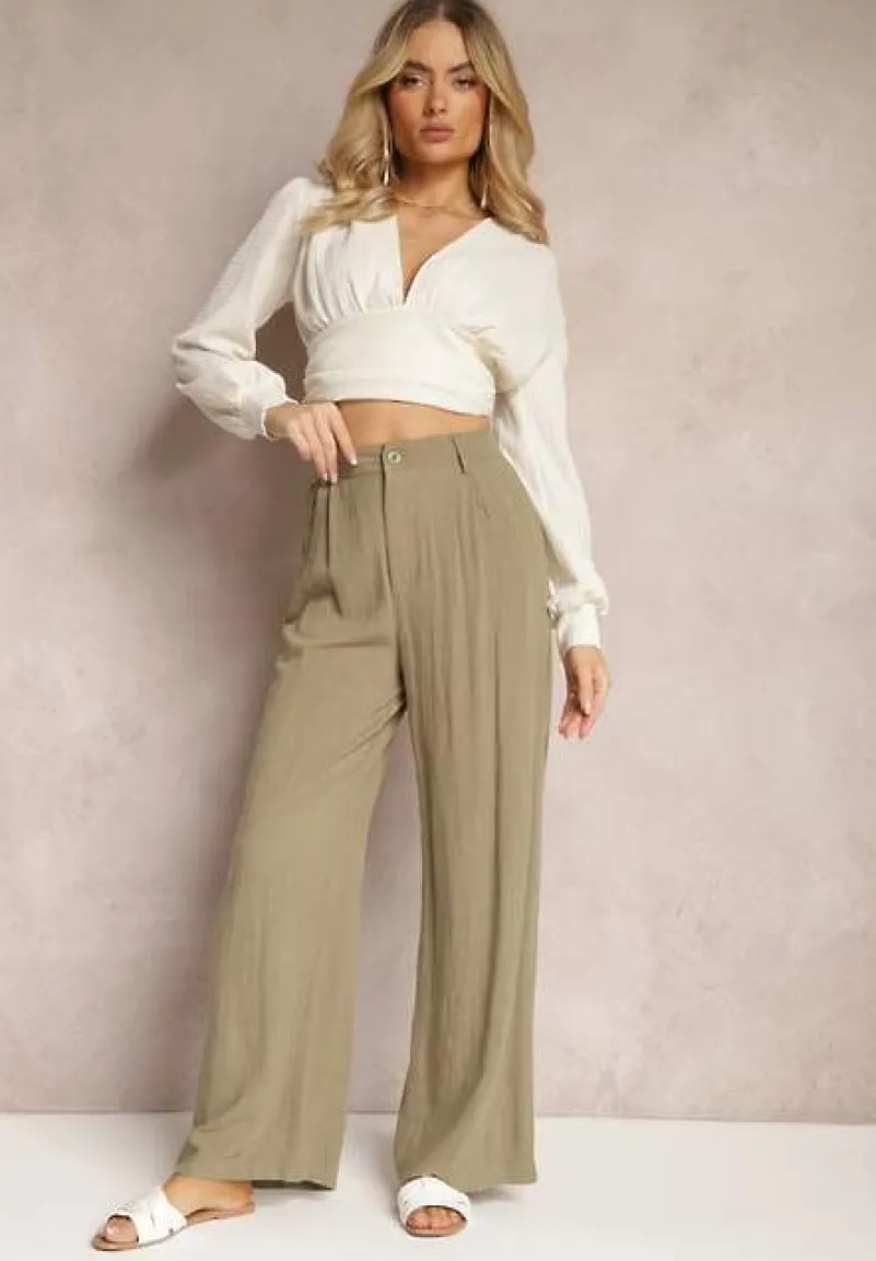 Ciemnozielone Szerokie Spodnie High Waist z Lnu i Wiskozy Apoises