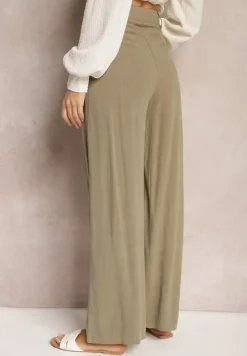 Ciemnozielone Szerokie Spodnie High Waist z Lnu i Wiskozy Apoises