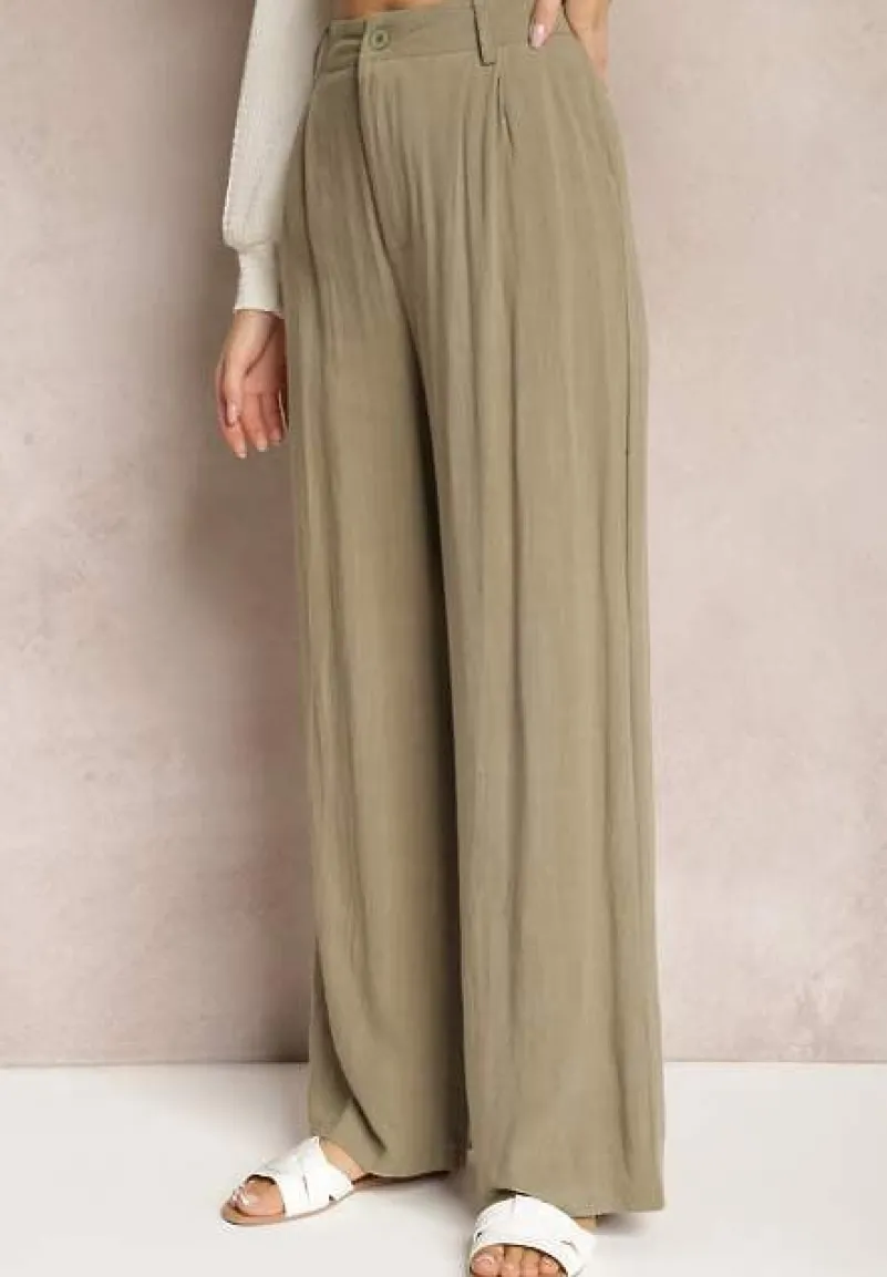 Ciemnozielone Szerokie Spodnie High Waist z Lnu i Wiskozy Apoises