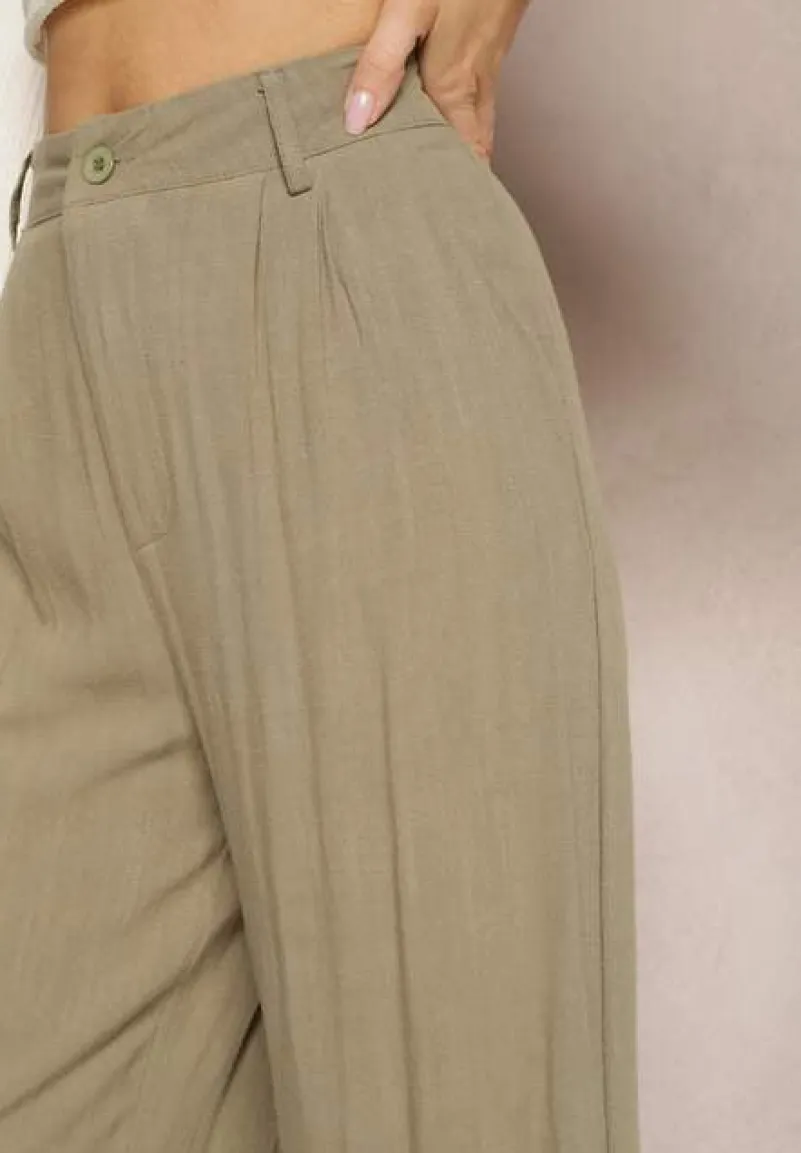 Ciemnozielone Szerokie Spodnie High Waist z Lnu i Wiskozy Apoises