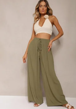 Ciemnozielone Szerokie Spodnie High Waist z Gumką w Talii Ilnena