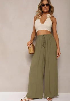 Ciemnozielone Szerokie Spodnie High Waist z Gumką w Talii Ilnena