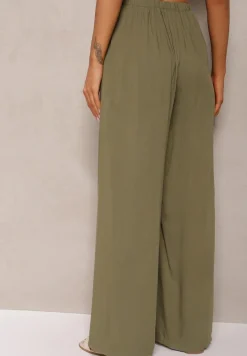 Ciemnozielone Szerokie Spodnie High Waist z Gumką w Talii Ilnena