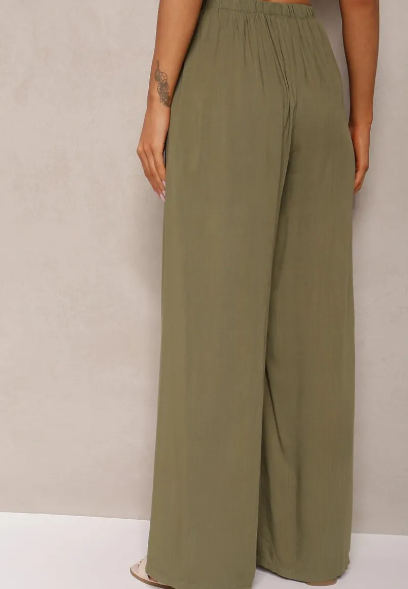 Ciemnozielone Szerokie Spodnie High Waist z Gumką w Talii Ilnena