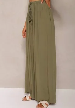 Ciemnozielone Szerokie Spodnie High Waist z Gumką w Talii Ilnena