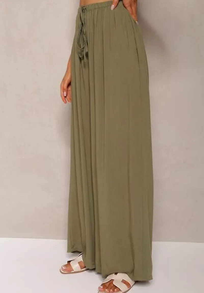 Ciemnozielone Szerokie Spodnie High Waist z Gumką w Talii Ilnena