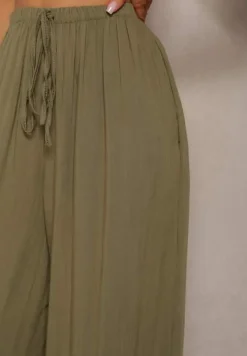 Ciemnozielone Szerokie Spodnie High Waist z Gumką w Talii Ilnena