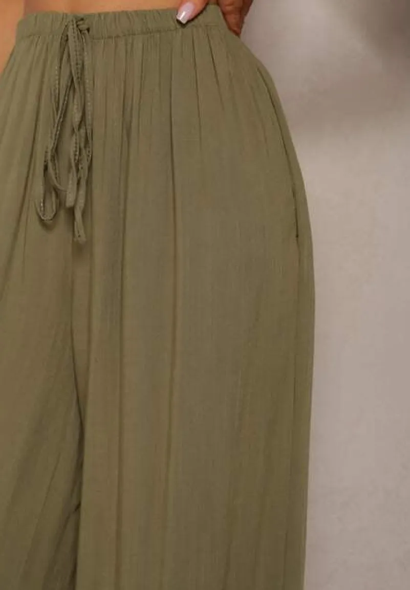 Ciemnozielone Szerokie Spodnie High Waist z Gumką w Talii Ilnena