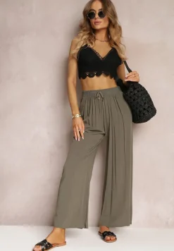 Ciemnozielone Szerokie Spodnie z Gumką i Wiązaniem w Pasie Gamina