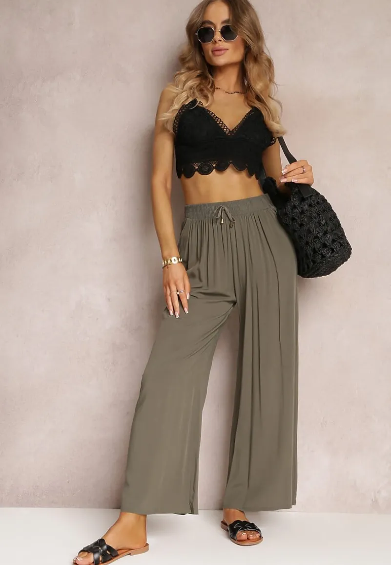 Ciemnozielone Szerokie Spodnie z Gumką i Wiązaniem w Pasie Gamina