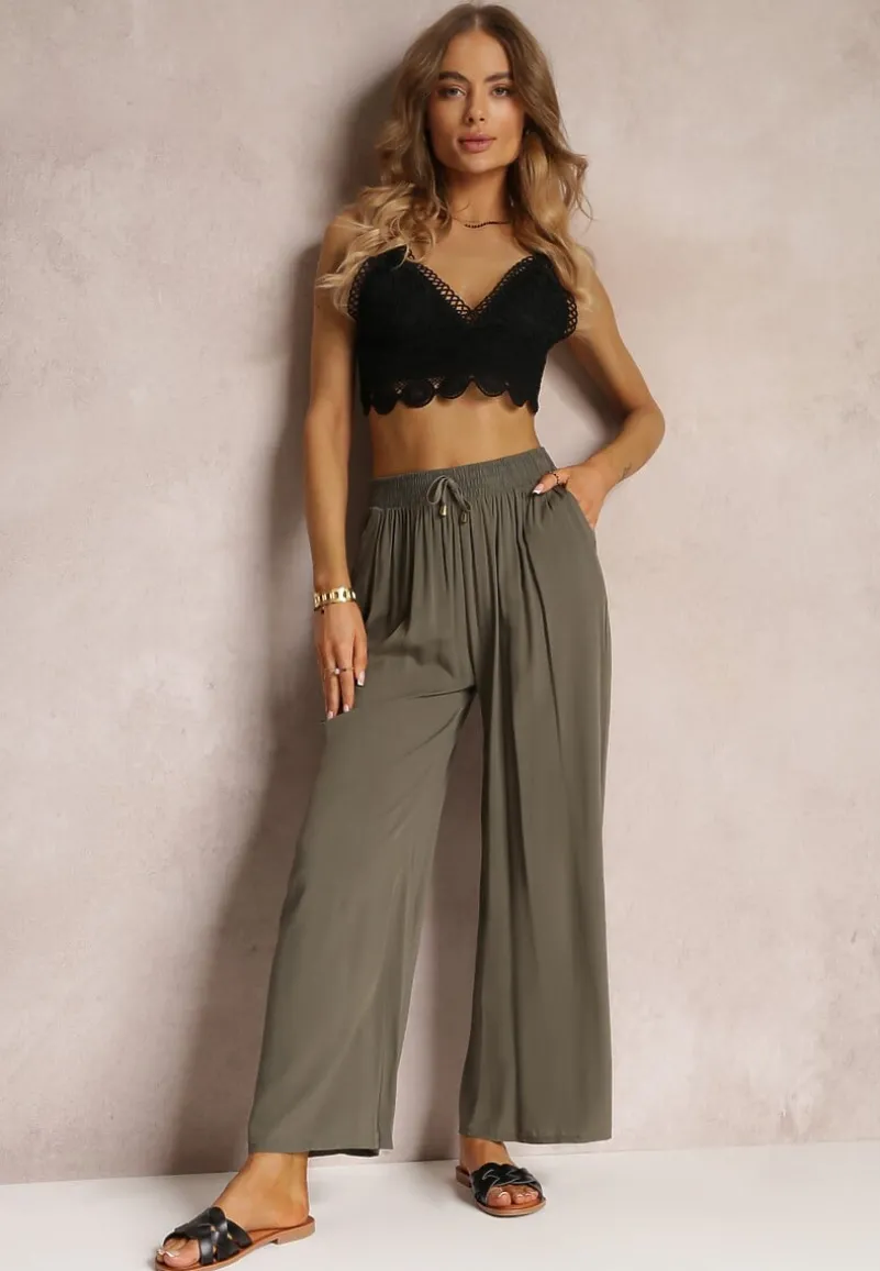 Ciemnozielone Szerokie Spodnie z Gumką i Wiązaniem w Pasie Gamina