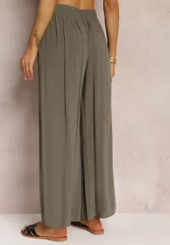 Ciemnozielone Szerokie Spodnie z Gumką i Wiązaniem w Pasie Gamina
