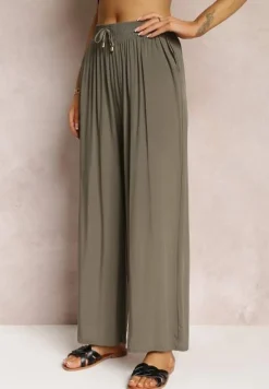 Ciemnozielone Szerokie Spodnie z Gumką i Wiązaniem w Pasie Gamina