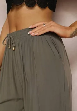 Ciemnozielone Szerokie Spodnie z Gumką i Wiązaniem w Pasie Gamina