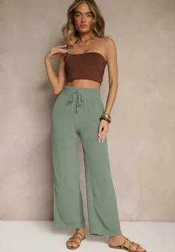 Ciemnozielone Szerokie Spodnie High Waist z Gumką w Pasie Savimirae