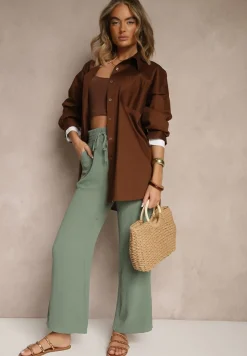 Ciemnozielone Szerokie Spodnie High Waist z Gumką w Pasie Savimirae