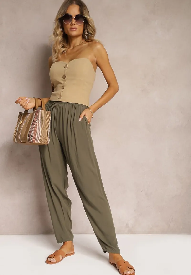 Ciemnozielone Wiskozowe Spodnie z Gumką w Talii i Zwężanymi Nogawkami Sumipaku