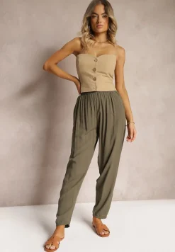 Ciemnozielone Wiskozowe Spodnie z Gumką w Talii i Zwężanymi Nogawkami Sumipaku