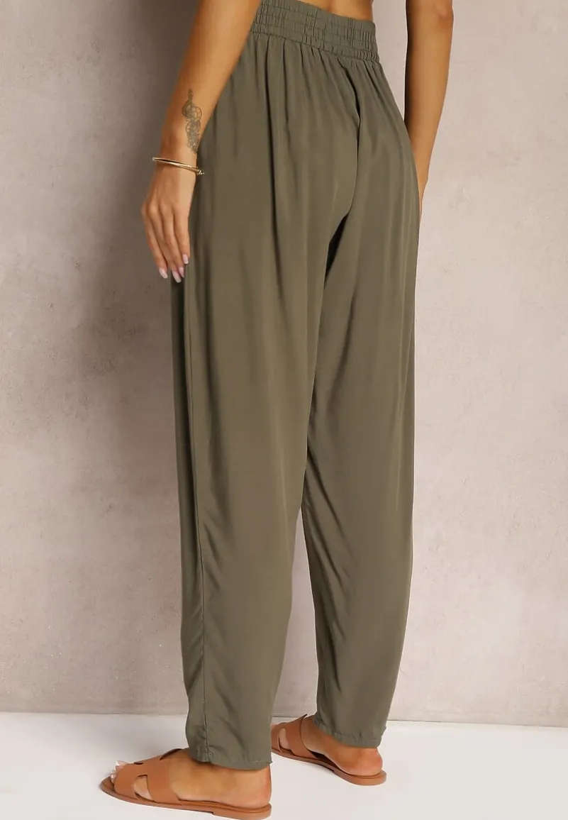 Ciemnozielone Wiskozowe Spodnie z Gumką w Talii i Zwężanymi Nogawkami Sumipaku